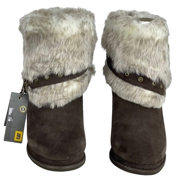CATERPILLAR CAT BOISTEROUS FAUX FUR CAFE BROWN SUEDE WEDGE WINTER BOOTIES BOOTS - Picture 7 of 15